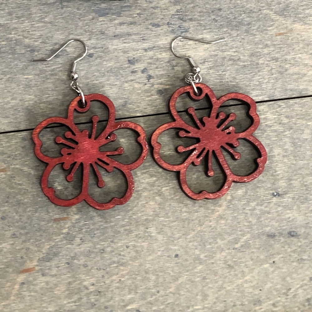 Beautiful Handmade Wood Stained & Laser Cut Flower Blossom Large Earrings